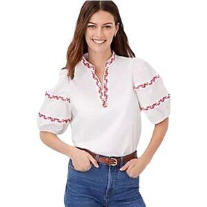 Ann Taylor Floral Embroidered Pintucked Sleeve Popover Top 100% Cotton | Size XS